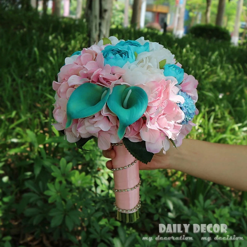 

New nice Artificial flower Bride holding flowes Wedding Bridal Bouquet pink & blue color bouquet de mariage bouquet de noiva