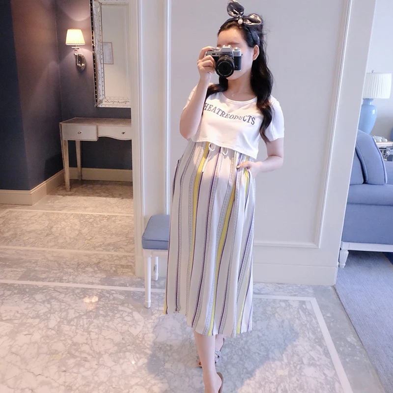 

Women's Maternity Striped Dress Nursing Nightgown Breastfeeding Sleepwear Photography Home Clothes Gown