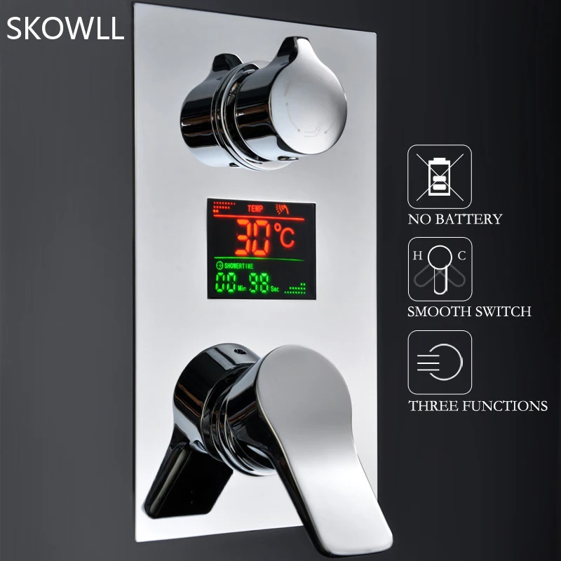 SKOWLL Shower Valve Mixer Wall Mount Single Handle LED Water Temperature Digital Display Pressure Balance Trim Kit Valve, Chrome