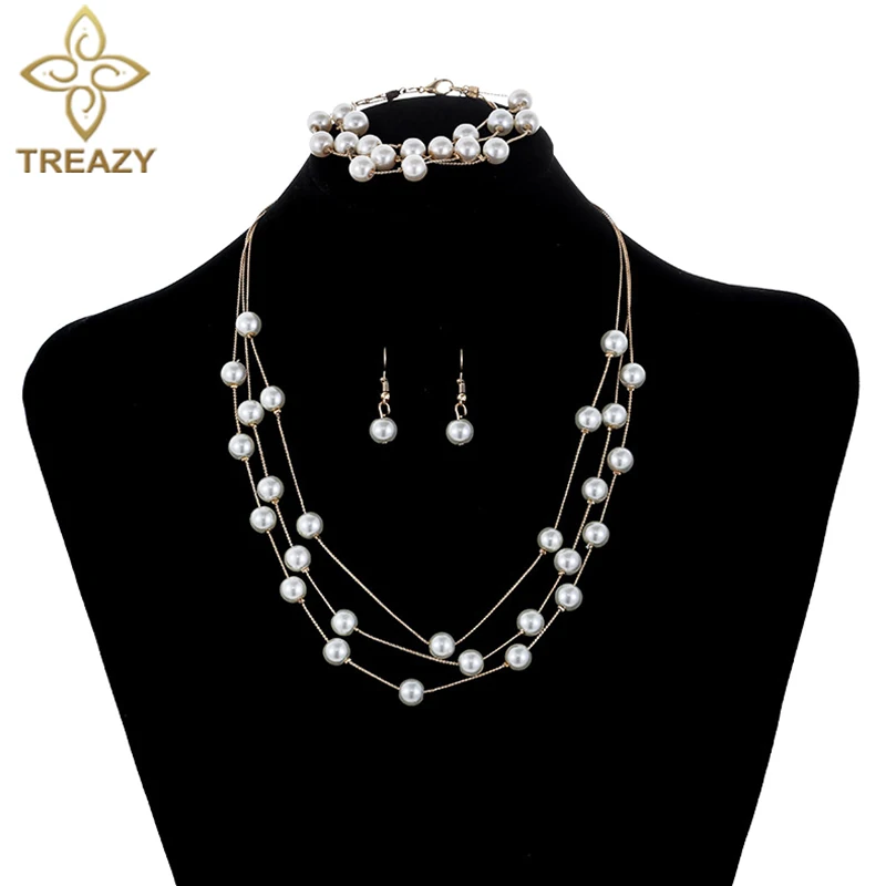 TREAZY 3 Layers Cream Simulated Pearl Jewelry Set for Women Necklace Earrings Bracelet Sets Bridal Wedding Jewelry Accessories