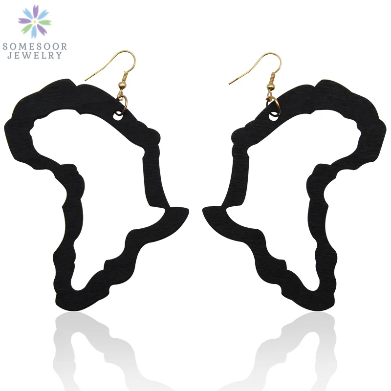 SOMESOOR Laser Engraved Afro Wooden Drop Earrings African Motherland Map Ethnic Tribal Pattern Handmade Jewelry For Black Women