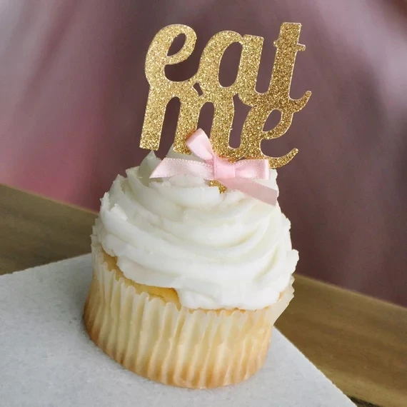 glitter Eat me cupcake toppers,gold tea party decor, eat me with ribbon bow Alice in Wonderland Party cupcake toppers