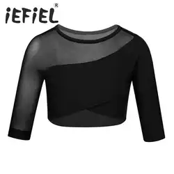 Kids Girls Children 3/4 Sleeves Asymmetrical Tops Crop Top for Ballet Dance Stage Performance Workout Gymnastics Dance Crop Top