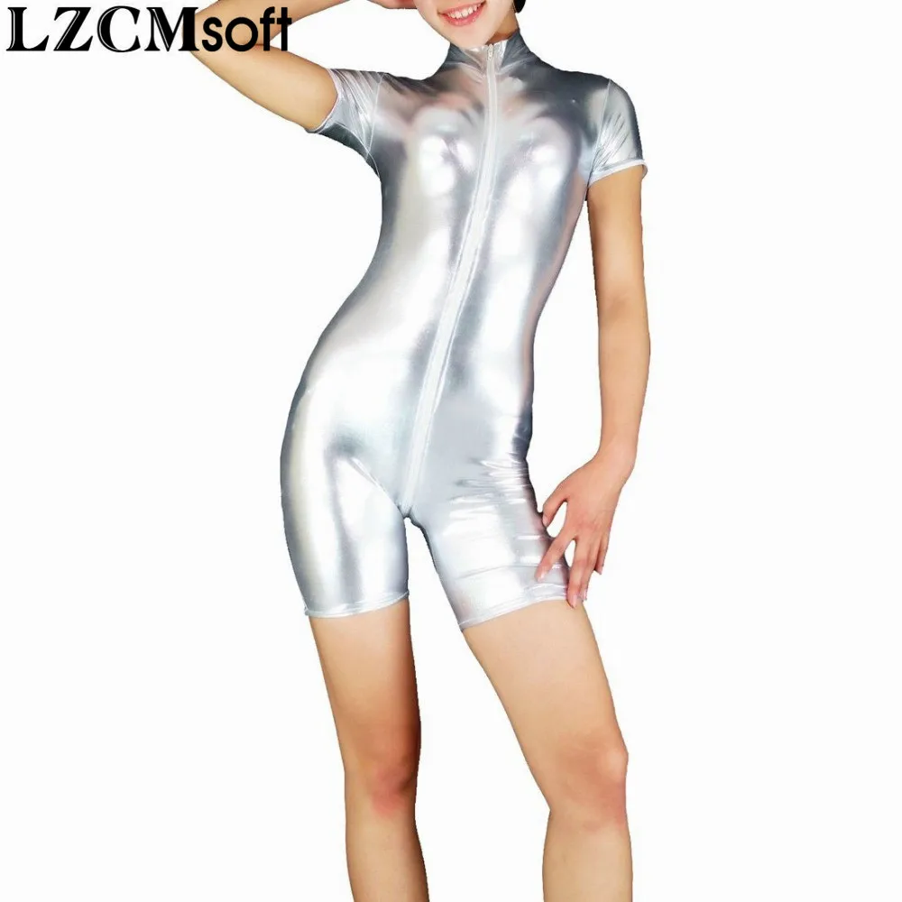 LZCMsoft Womens Short Sleeve Unitards Front Crotch Zipper Spandex Metallic High Neck Biketards Black Unitards Bodysuit Dancewear