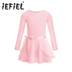 Kids Girls Long Sleeve Cotton Tulle Tutu Ballet Dance Leotard Dress for Performance Dancewear Clothes with Chiffon Tied Skirt