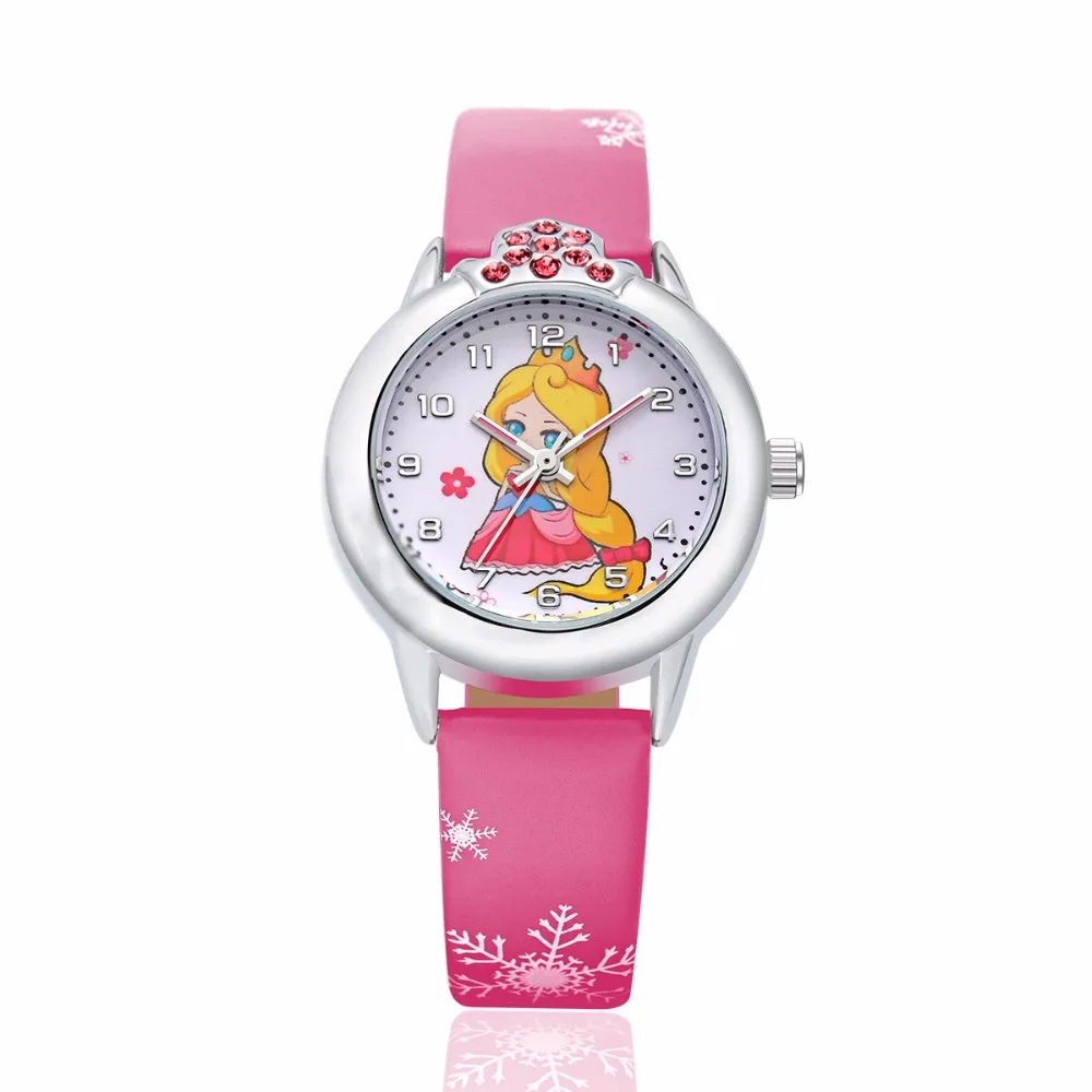 2016 Hot Koop Rhinestone Prinses Cartoon Horloge Mode Mooie Meisje Kinderen Horloges PU Band Quartz Horloge Kids Jurk Klok