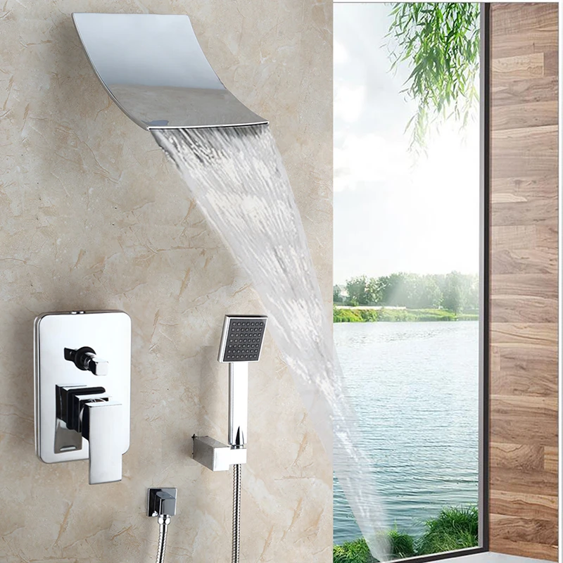 

Waterfall Shower Faucet Set Hand Spray Chrome Finish Wall Mount Shower Mixer Taps Solid Brass Bathtub Shower Faucet Set