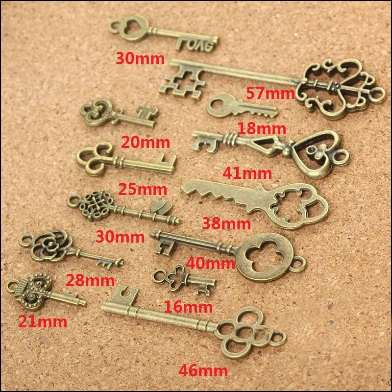 Wholesale 13 pcs Vintage Charms Mixed Keys Pendant Antique bronze key charms Fit Bracelets Necklace DIY Metal Jewelry Making