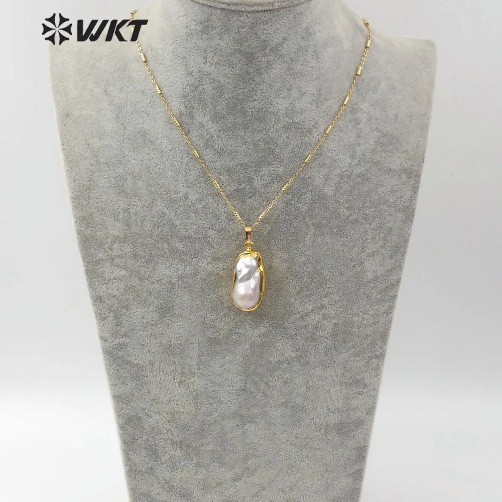 WT-JN063 Natural Freshwater Pearl Necklace With Gold Trim Pendant 18 Inch Gold Layer Link Chain Women Vogue Jewelry