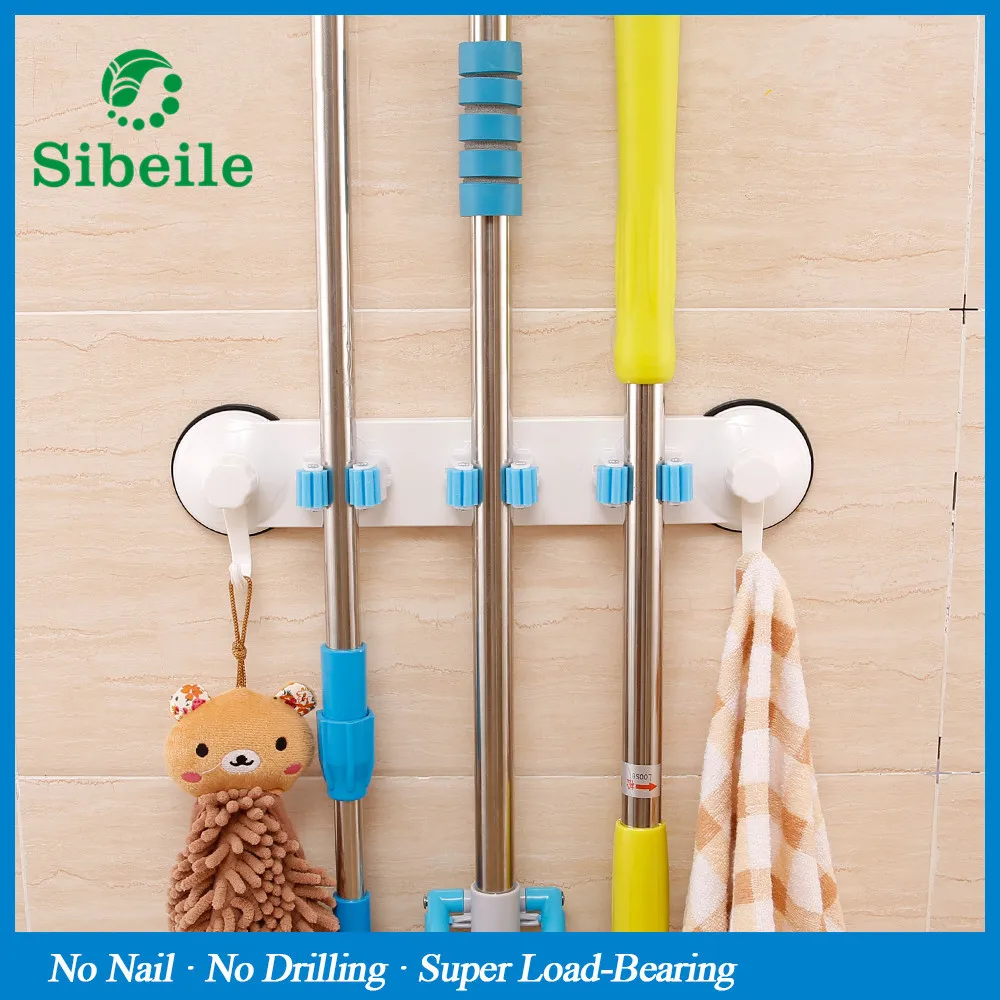 SBLE Kitchen Wall Mounted Hanger 3 Position Kitchen Storage Mop Broom Holder Tool Plastic Suction Cup Broom Holder For Bathroom