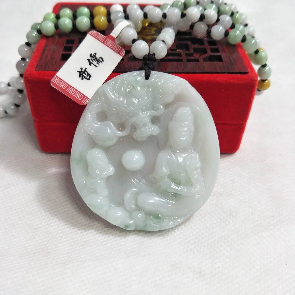 Zheru Jewelry The only pure natural A-class Jadeite two-color flying dragon Guanyin pendant Three-color jade jade necklace