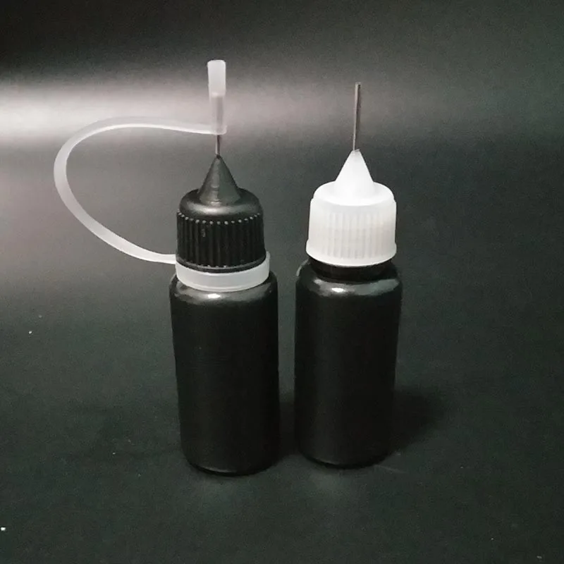 Pusta E płynna igła butelka czarna LDPE 10ML plastikowe butelki z kroplomierzem ze śrubą metalowa igła Cap dla vape 2500 sztuk