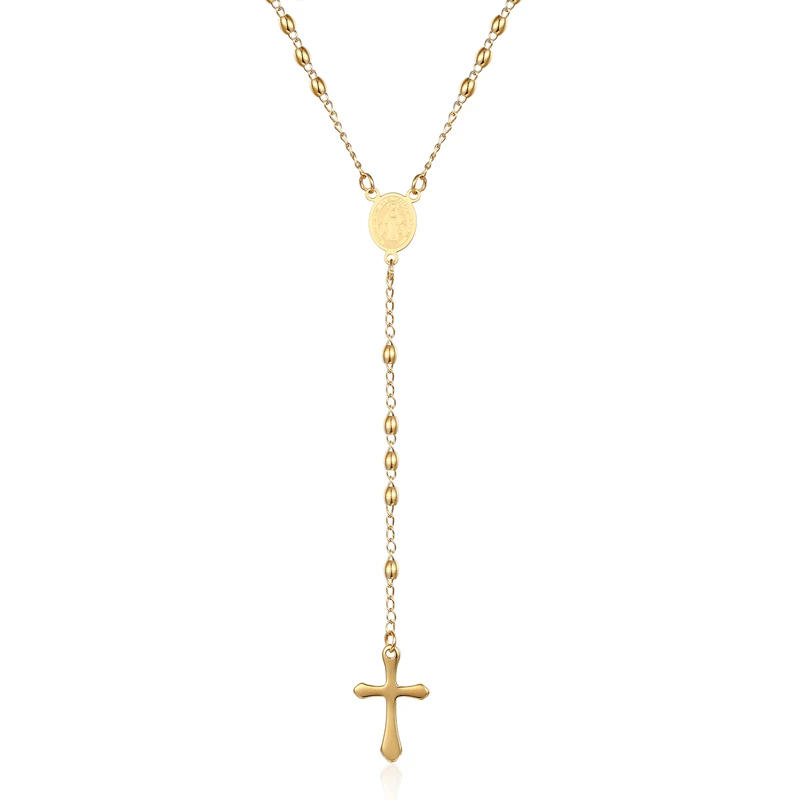 3 mm ovale Perlen-Rosenkranz-Kreuz-Anhänger-Halskette aus Edelstahl, Jesus-Center, christlich-katholischer Religion-Schmuck – Detail 7
