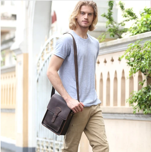 Imagem -05 - Bolsa Mensageiro de Couro Genuíno para Homens Bolsa Pequena de Couro Marrom Escuro Estilo Vintage para Ipad de 1112