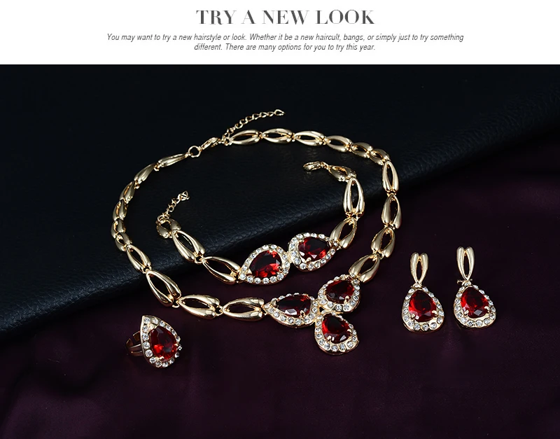 Fine Jewelry Sets  Gold color Zircon Pendant Hot Sale Design Austrian Crystal Necklace Bracelet Ring Earrings Wedding Sets