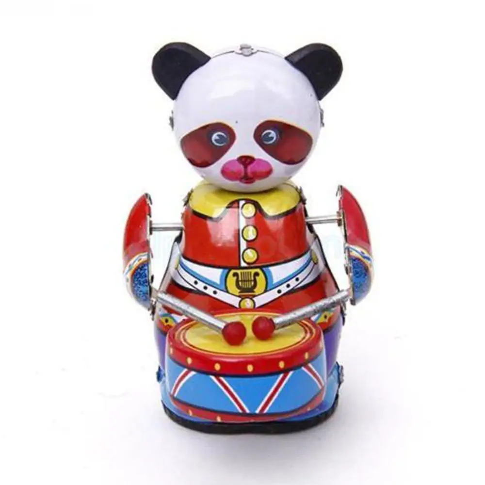 Moda nowe dzieci dzieci śliczne Vintage prezent kolekcjonerski w stylu Retro Wind Up Panda perkusista blaszana zabawka mechaniczna bicie bębnów