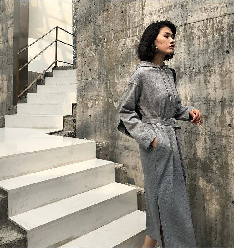 Cheerart Long Midi Sweatshirt Dress Women Long Sleeve Hood Lace Up Split Dress With Belt Grey Korean Fashion Dress Spring