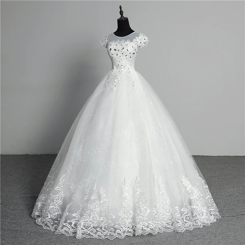 Custom Made Wedding Dress 2020 New Arrival Crystal Appliques Embroidery Lace O-Neck Short Sleeve Princess Gown Vestidos De Novia