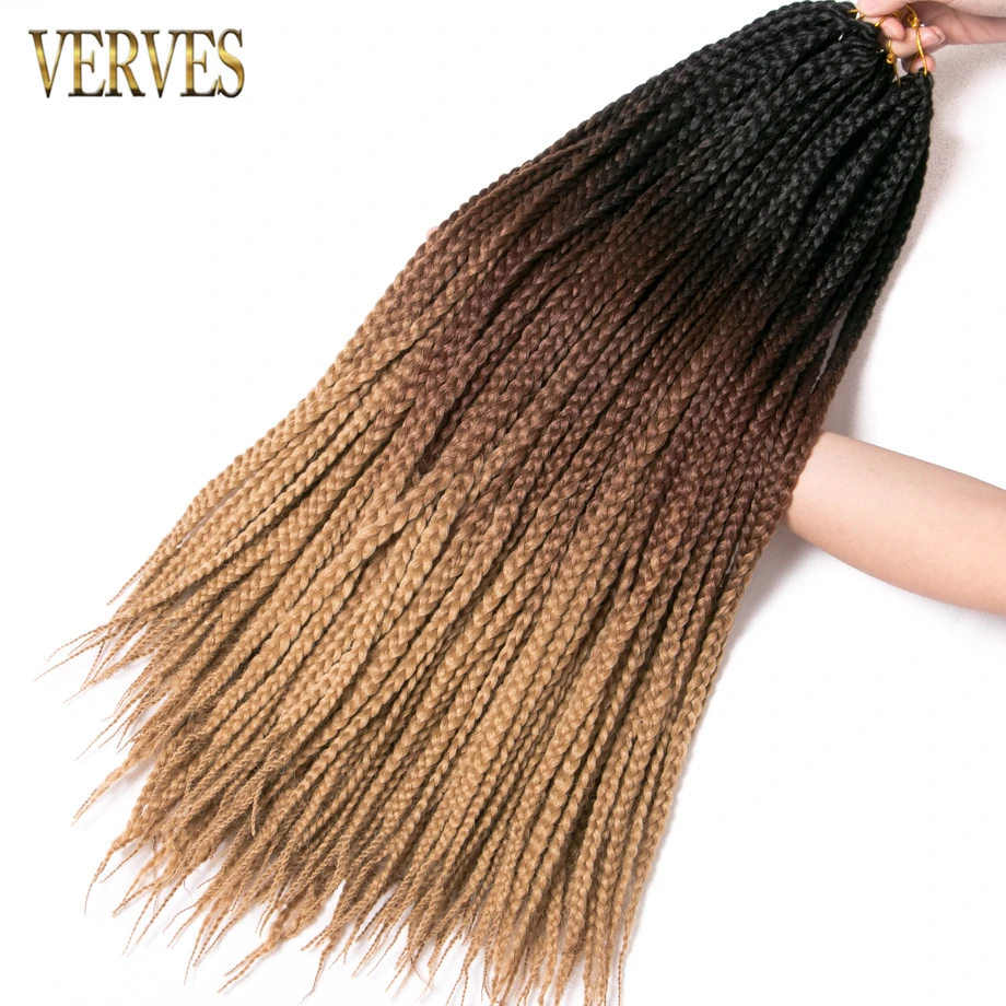 VERVES 24 Inci Box Braid Ombre Sintetis Crochet Kepang 22 Akar/Pak Braiding Hair Extension Anti Panas Fiber Bulk Hitam