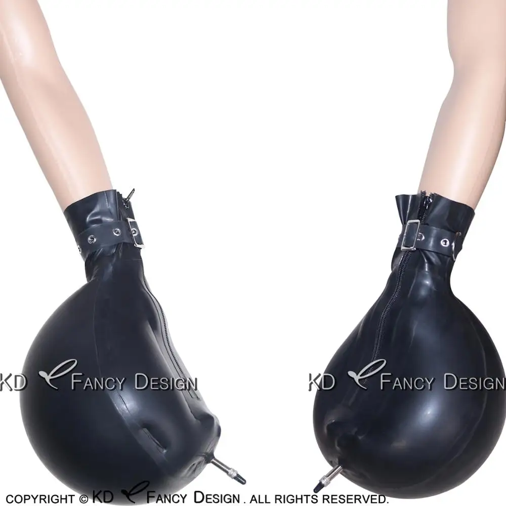 Black Short Sexy Inflatable Latex Gloves with Belts Buckles Rubber Mitts ST-0007