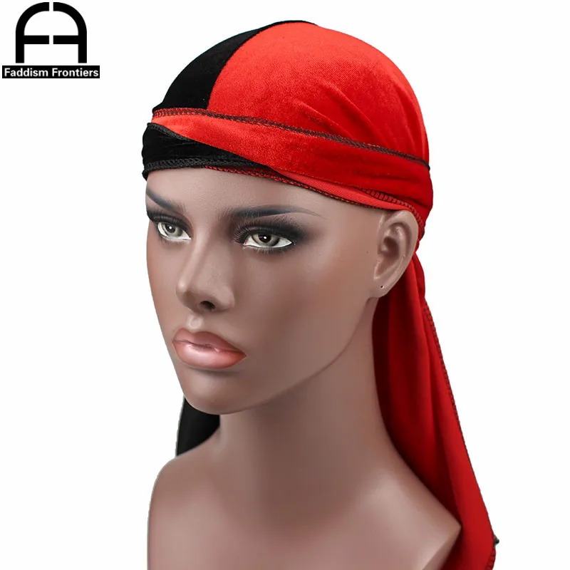 Luxury Men's Velvet Patchwork Durags Bandanas Turban Hat Two Tone Velvet Durag Biker Headwear Hat Headband Hair Accessories