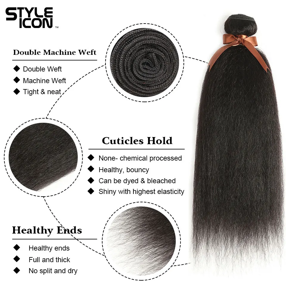 Styleicon-Mèches Yaki Malaisiennes 100% Naturelles, Cheveux Lisses, avec Lace Closure, Document Naturel