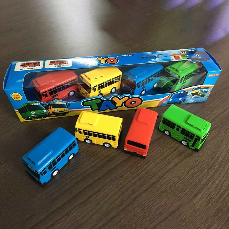 Menyenangkan 4 Buah/Set Tayo Little Bus Mini Plastik Tarik Kembali Biru Tayo Merah Gani Kuning Lani Hijau Super Saiyan Bus model Mobil untuk Anak-anak Hadiah