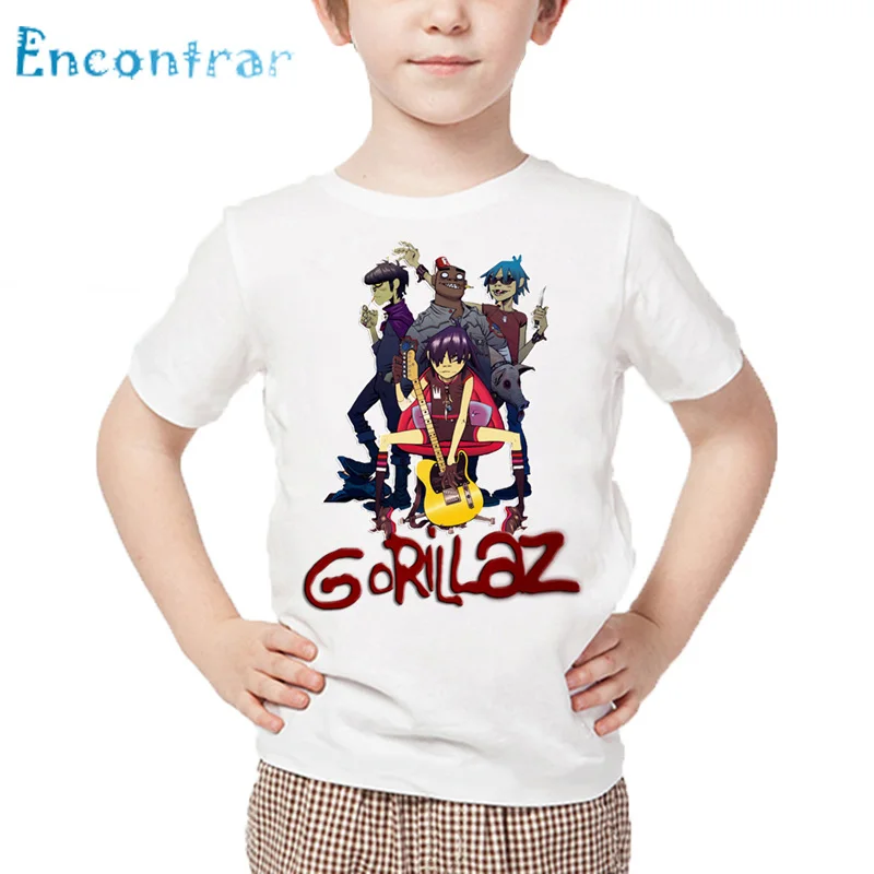 Kaus cetak Mi chakra Band Rock anak-anak Gorillaz T-shirt lucu kasual anak laki-laki dan perempuan atasan putih musim panas anak-anak, HKP4355