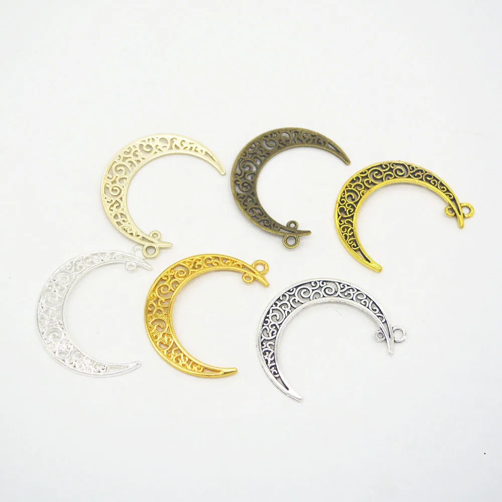 High Quality 20 Pieces/Lot 41mm*30mm Metal Delicate Hollow Out Moon Charm Pendant For Jewelry Making (6 colors)