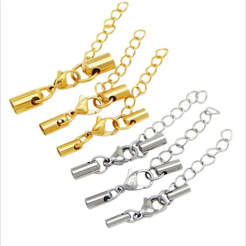 Stainless Steel Necklace Bracelet Connectors End Caps Clasp With Extended Chain fit 1/1.5/2/2.5/3/4/5/6mm For DIY Jewelry Making