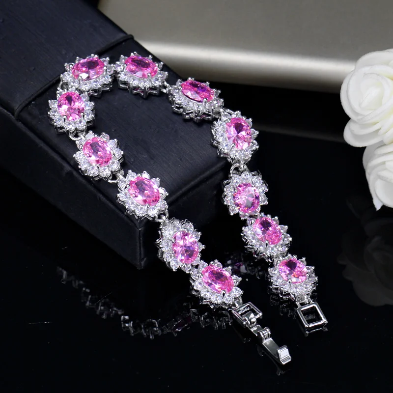 CWWZircons Beautiful Elegant Design White Gold Color Big Red CZ Crystal Flower Charm Bracelets Bangle for Women Jewelry CB161