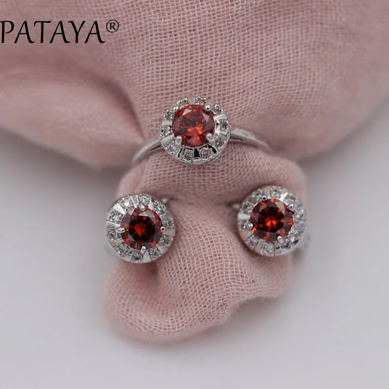 PATAYA New Arrivals Green Round Natural Zirconia Earrings Ring Sets Women Romantic Wedding Jewelry True White Gold Color Jewelry