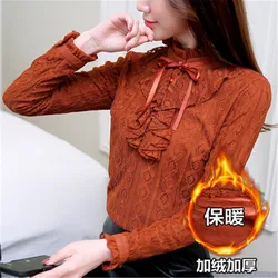 2019 Autumn Winter Slim Women Lace Blouses Female Plus Size Thick Velvet Bow Tie Shirts All-match Lady Tops Pullovers Brief W650