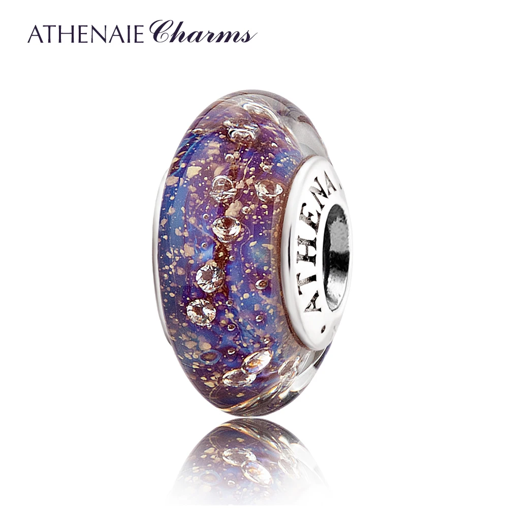 ATHENAIE Authentic 925 Sterling Silver Purple&Blue Bead ClearCZ Murano Glass Beads Fit Original Charm Bracelet Jewelry