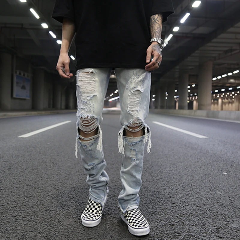 Pantalones vaqueros con cremallera inferior y agujeros en la rodilla para hombre, ropa de calle, pantalones de Hip Hop para correr, rasgados y delgados, nueva moda