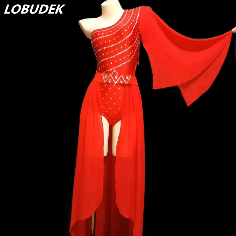 Sexy Red Crystals Bodysuit Long Cloak Set Women Costume Models Show Stage Wear Nightclub Lady Singer Dancer Performance Clothing