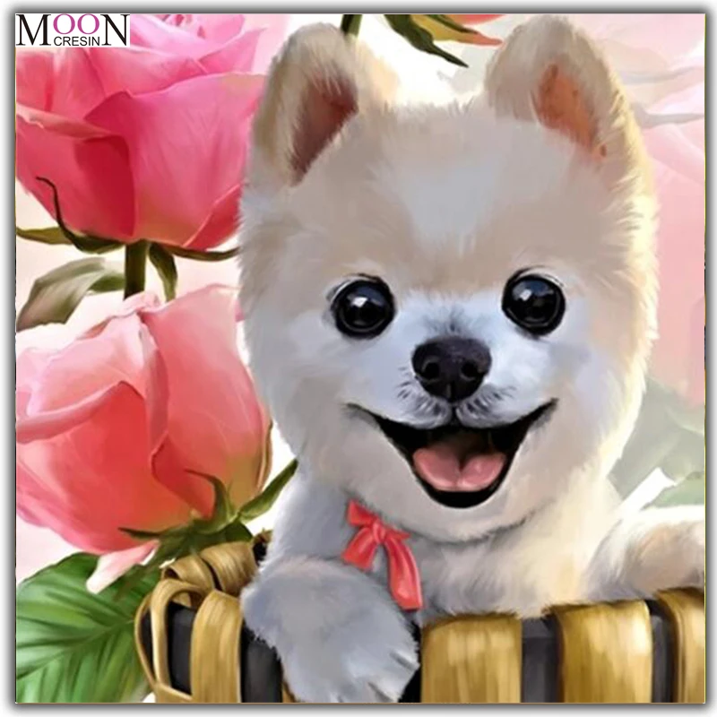 

MOONCRESIN Diy Diamond Painting Cross Stitch Rose & White Dog Diamond Mosaic Full Round Diamond Embroidery Decoration Animal Kit