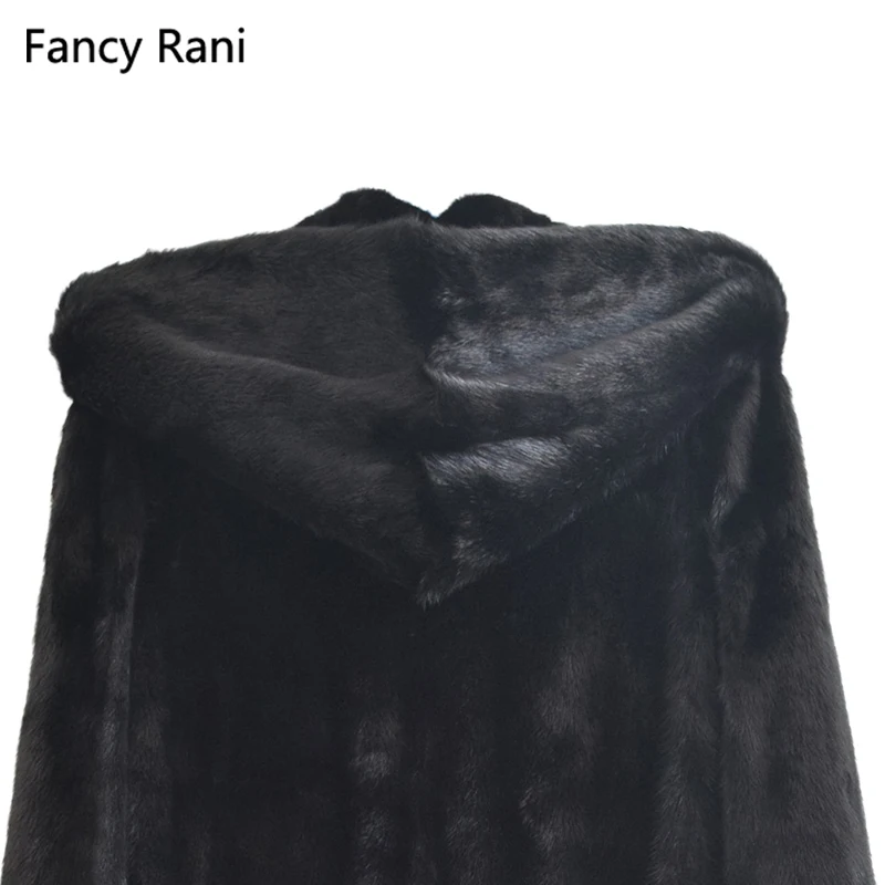 Russian Style 125cm Real Mink Fur Coat Hooded X-Long Rex Fur Coat Genuine Natural Mink Fur Coat Women Black Coats With Fur Hood