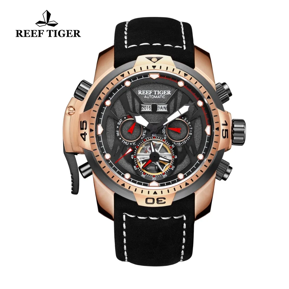 Reef Tiger/RT Mens Sport Watches Genuine Black Leather Strap Complicated Dial Rose Gold Automatic Watches RGA3532