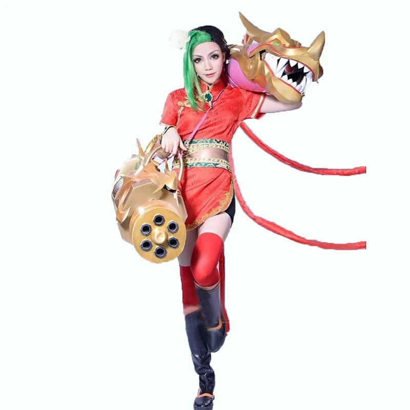 

LOL The Loose Cannon Firecracker Jinx Cosplay Costume with hand covers and socks Anime Red Custom Made Cheongsam 11