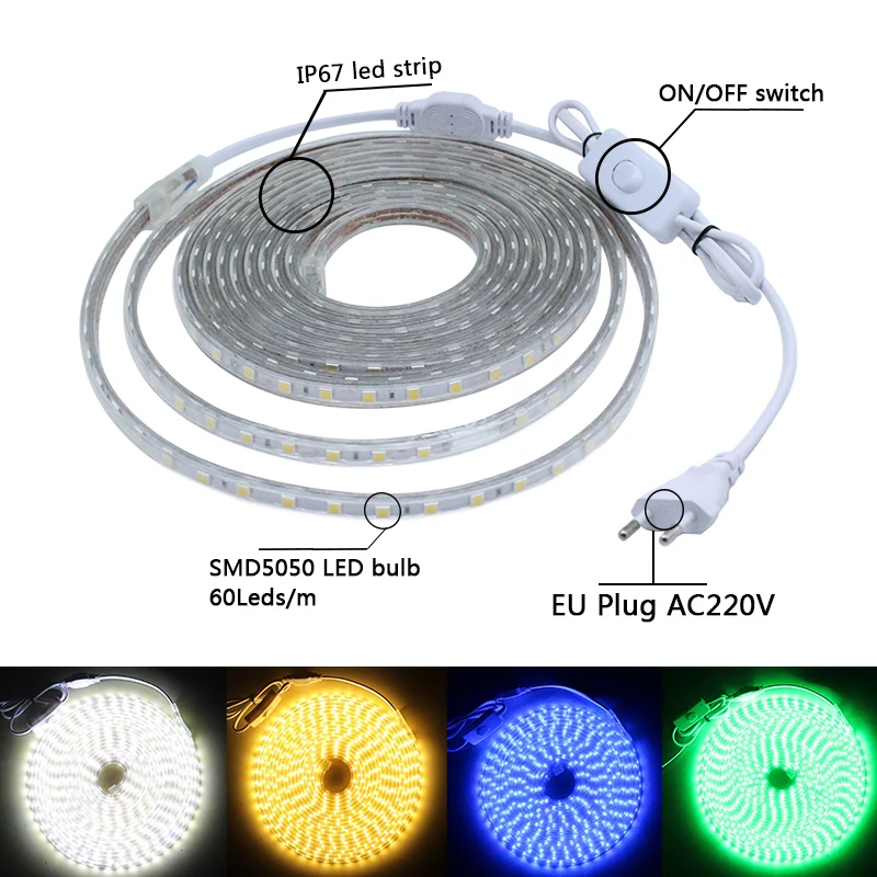 Tira de luces LED SMD 5050 con interruptor, cinta de luz blanca impermeable, 220 V, 220 V, 3m, 5m, 10m, 15m