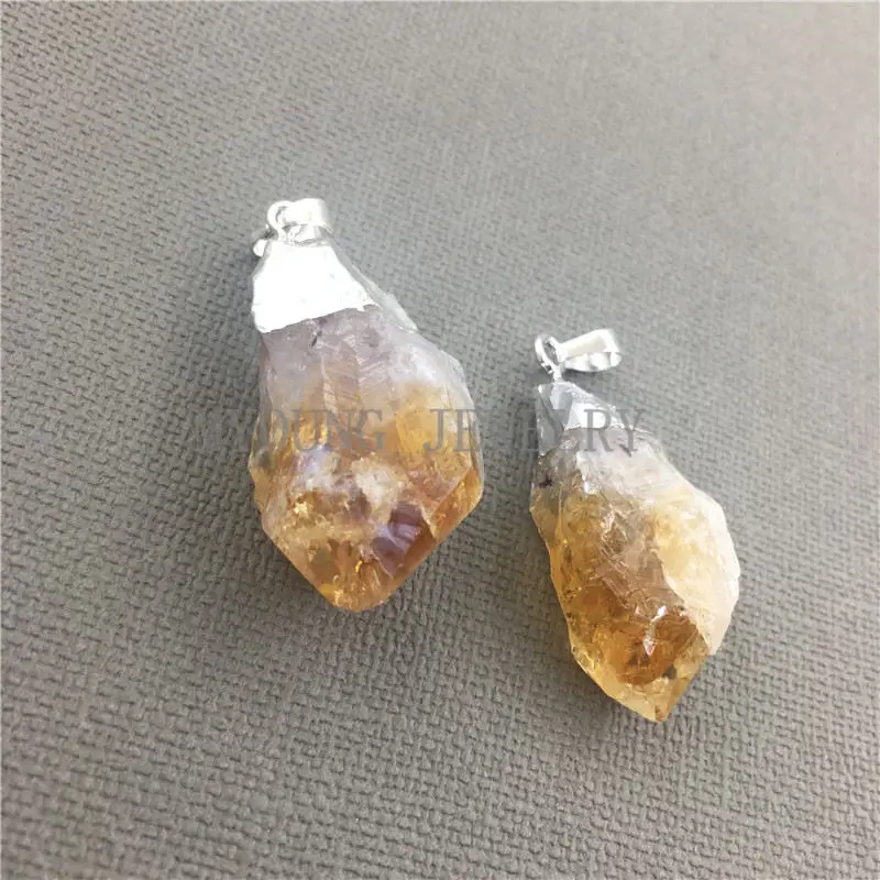 MY0448 Free Form Yellow Crystal Quartz Nugget Point, Natural Citrines Pure Silver Color Cap and Bail Stone Pendant