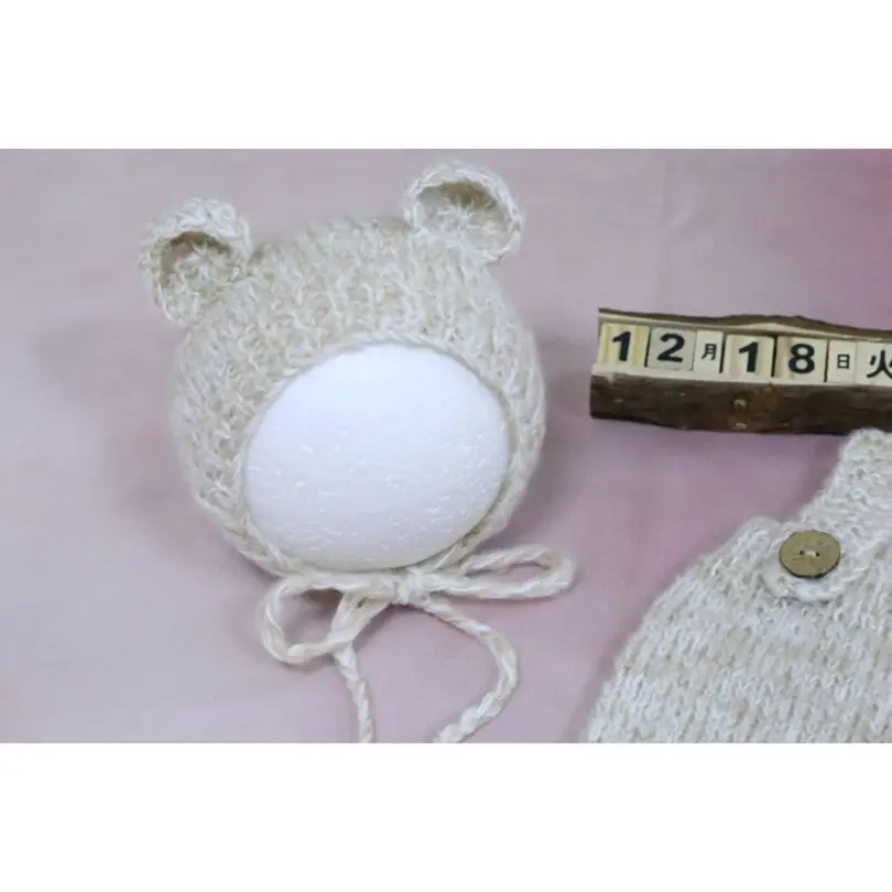 Crochet Mohair Bear Bonnet Onesie Newborn Hooded romper pant Photography props Baby Overall Outfit Infant Knitted romper Sitter