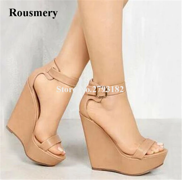 Summer New Sexy One Strap High Platform Wedge Sandals Ankle Strap Nude Black Brown Pink Wedge