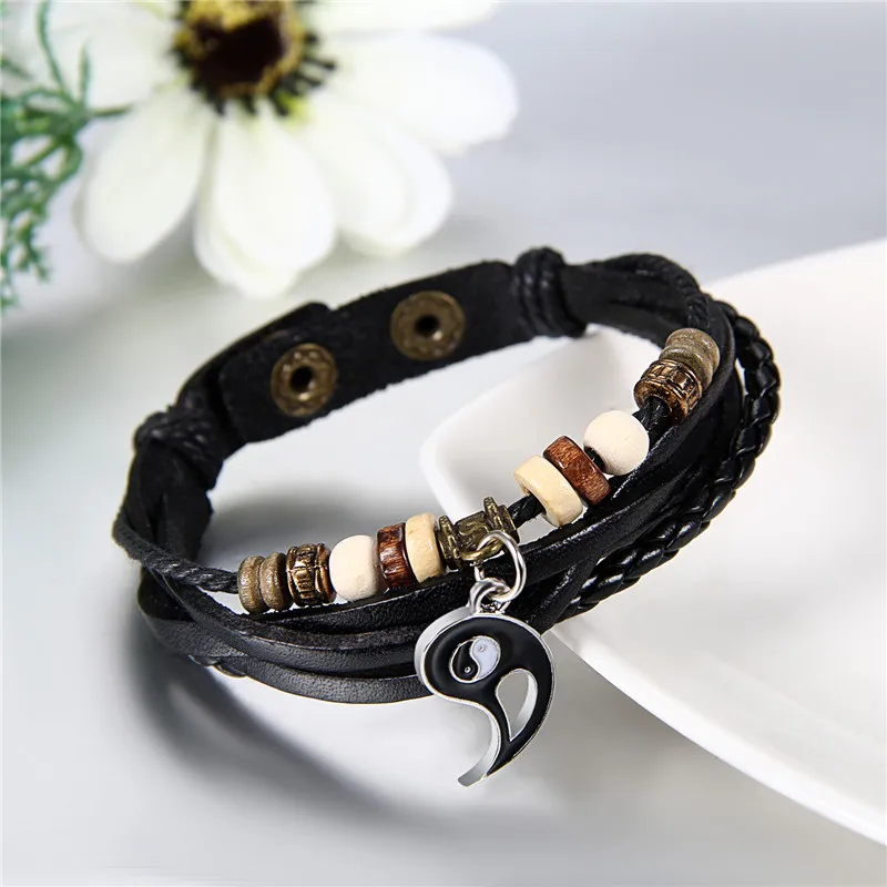 BONISKISS 2Pcs / lot Hot Lovers Bracelets Charm Ying yang Love Leather Bracelet Punk Cheap Couple Jewelry For Men and Women