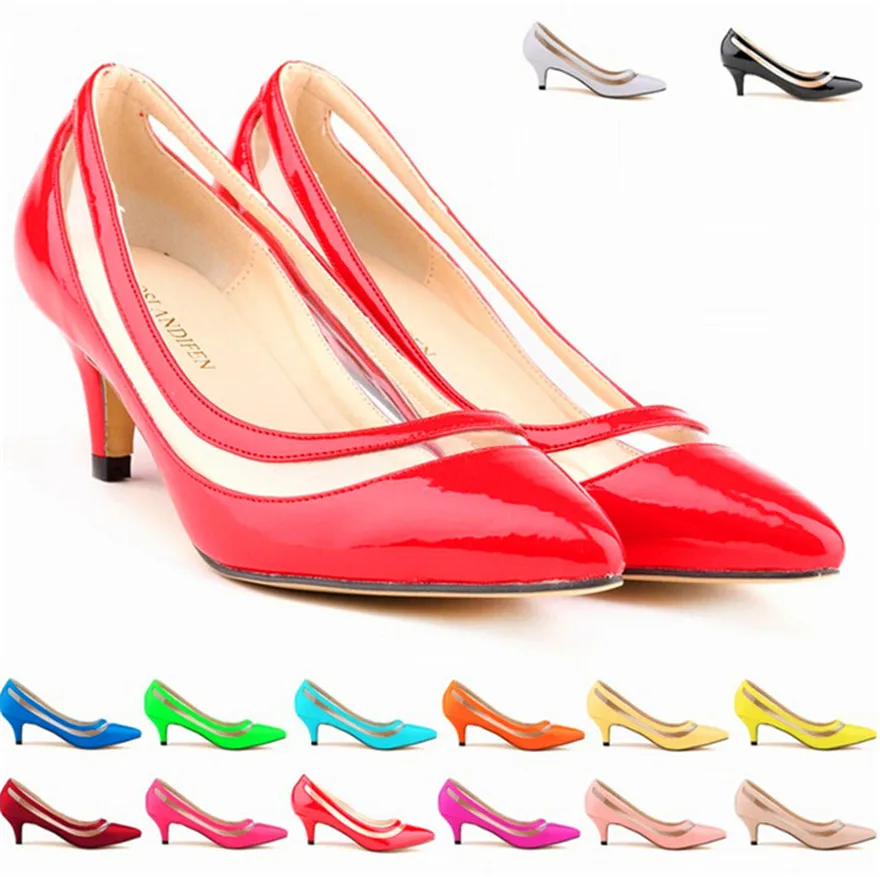 New Women\'s Fashion Patent Leather Shallow High Heels Shoes Pointed Toe Sexy PU Transparent Show Thin Ladies Office Shoe Wedding