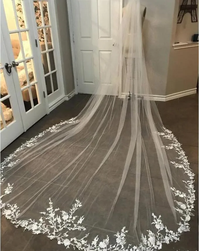 

3M Long Veil Lace Appliqued Cathedral Length Appliqued White Ivory Wedding Veil Bride Veils Bridal Hair With Free Combs