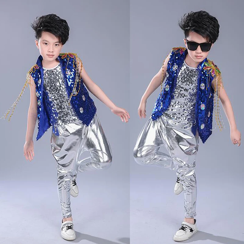 Kids Sequined Hip Hop Outfits Girls Jazz Tap Dancing Tops+Pants Boy Child Dance Stage wear Ballroom Party Dancewear Costumes