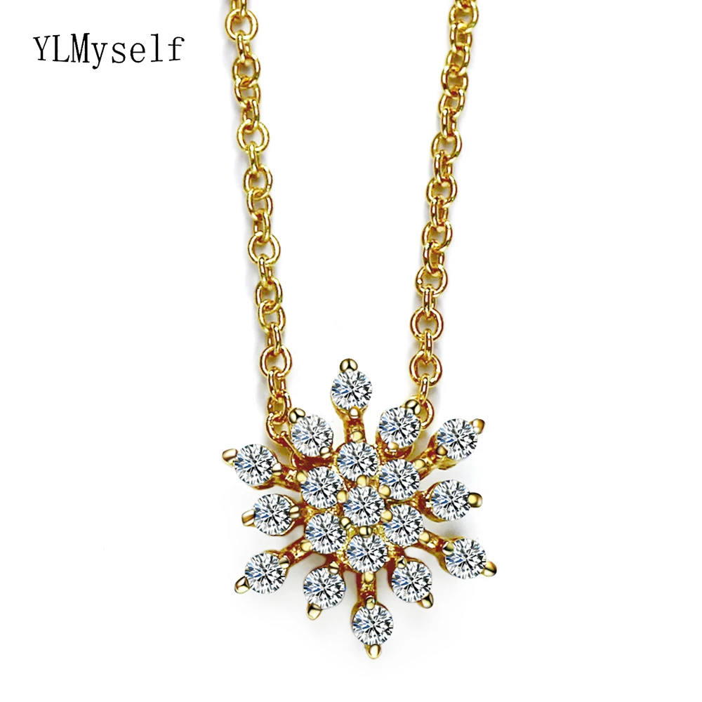 Lovely Gift Gold-color Crystal Necklace for women Very cute Snowflake rhinestone charms pendant Suspension