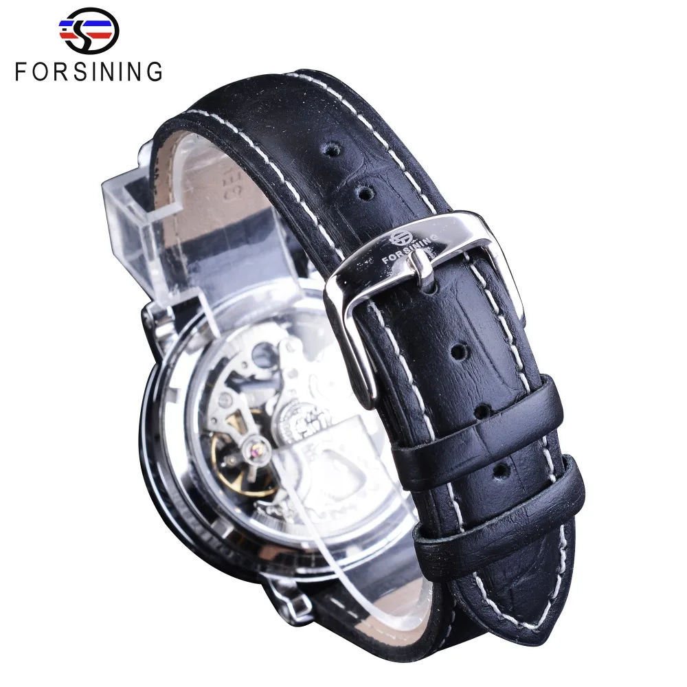 Forsining Watch + Bracelet Set Combination Sport Black Silver Open Work Clock Luminous Waterproof Men\'s Automatic Wrist Watches